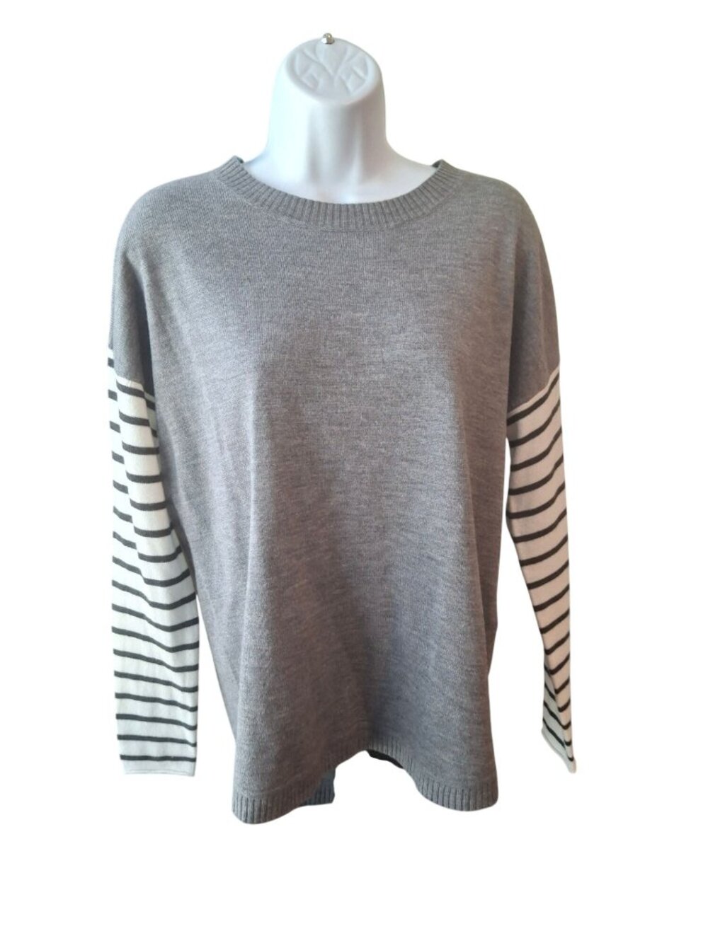 French Connection Sweater Womens S Gray Striped Sleeve Hi Lo Coastal Preppy Knit